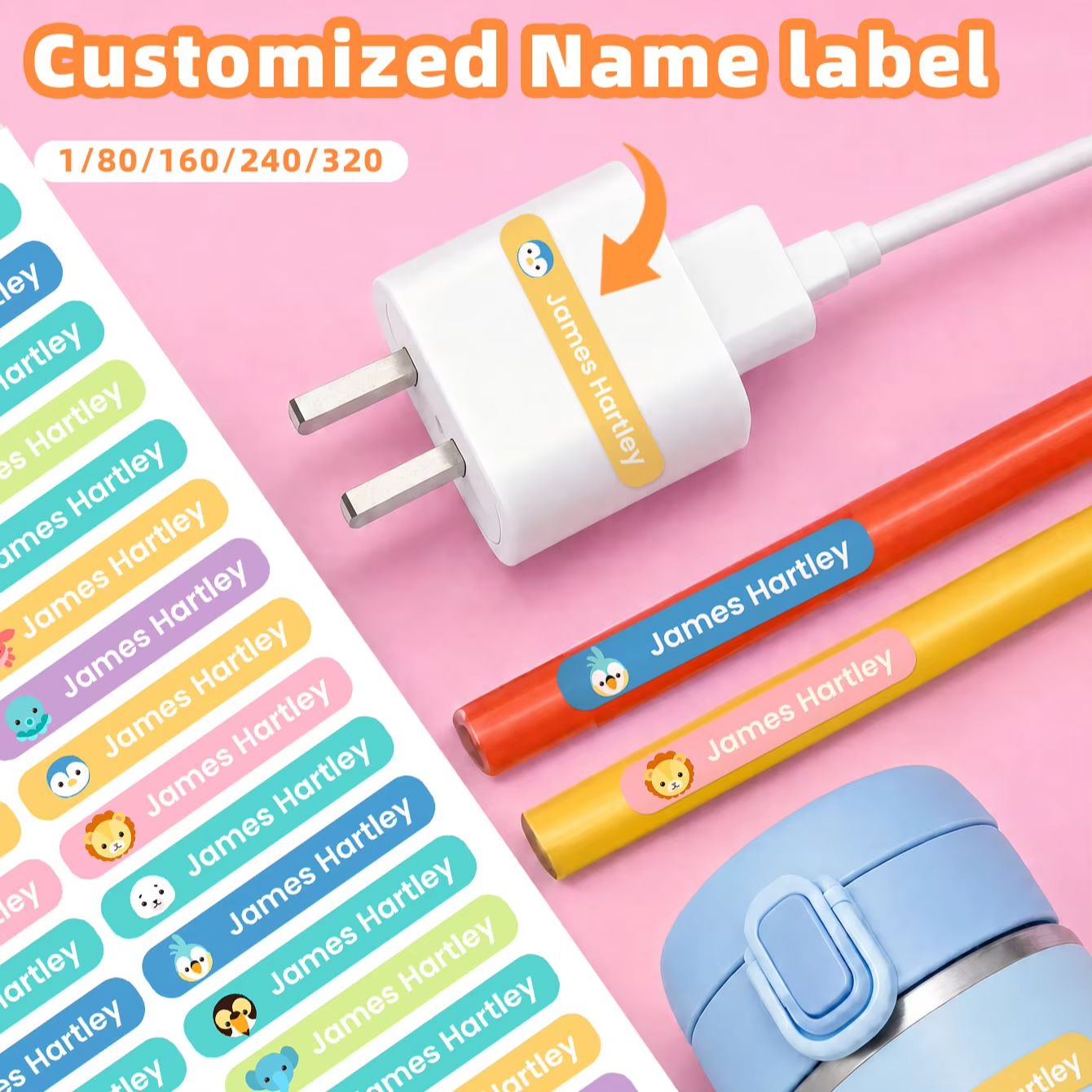Personalized Name Box - 1-320PCS Custom Cartoon Name Stickers, Waterproof